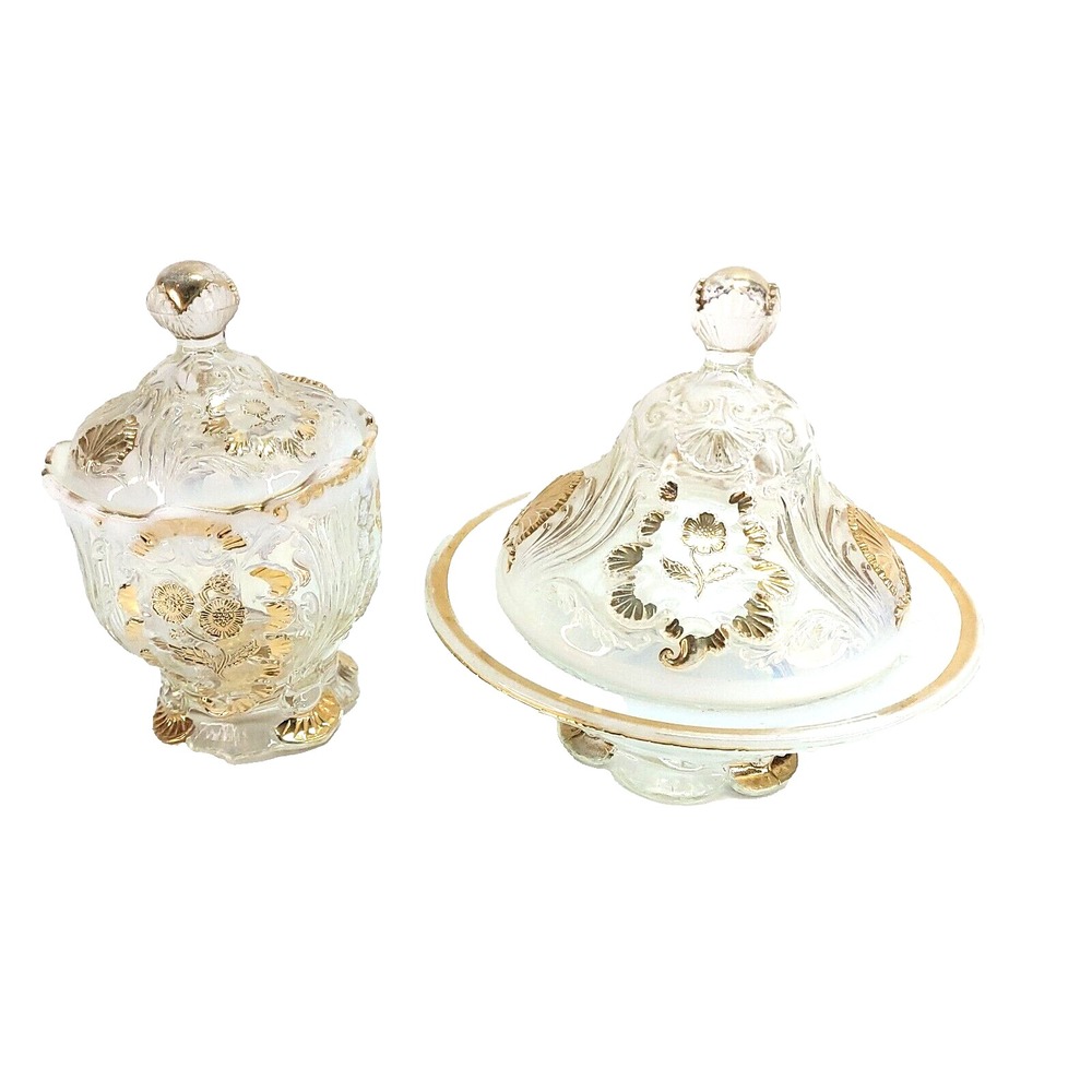 Northwood White Opalescent Everglades Covered Candy Dish sugar footed Gold